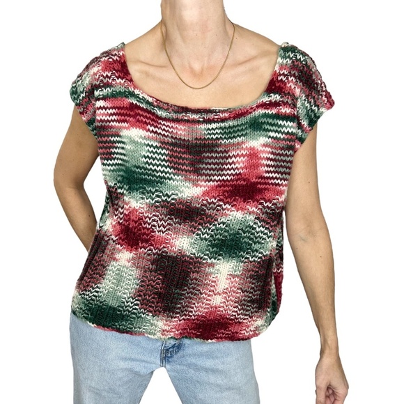 Boxy short sleeve hand knit muted green red pink white sweater - Picture 1 of 7